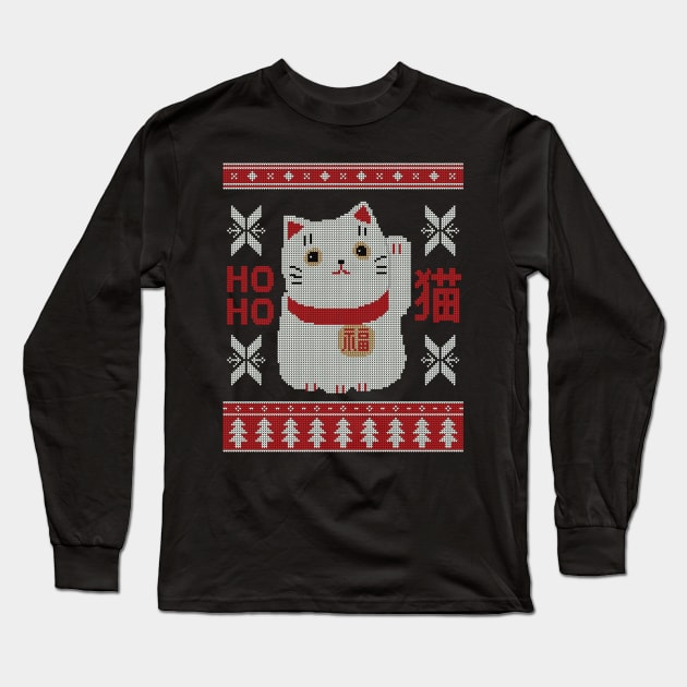 Japanese Cat Maneki Neko Kawaii Ugly Christmas Sweater Design Long Sleeve T-Shirt by YourGoods